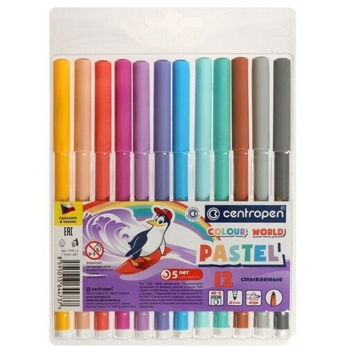 Фломастеры 12 цветов Centropen 7550 TP Colour World Pastel 2.0 мм, пастельные, блистер, европодвес