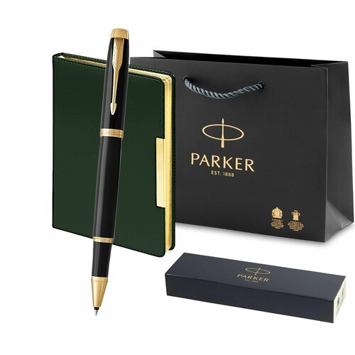 Набор подарочный Parker ручка роллер IM Black GT, черный лакированный корпус с золотой отделкой, ежедневник зеленый с золотом и фирменный пакет