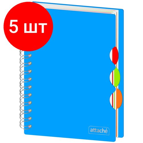 Комплект 5 штук, Бизнес-тетрадь Attache А5.100л, кл, спир, обл. пластик, с разделителями, голубой