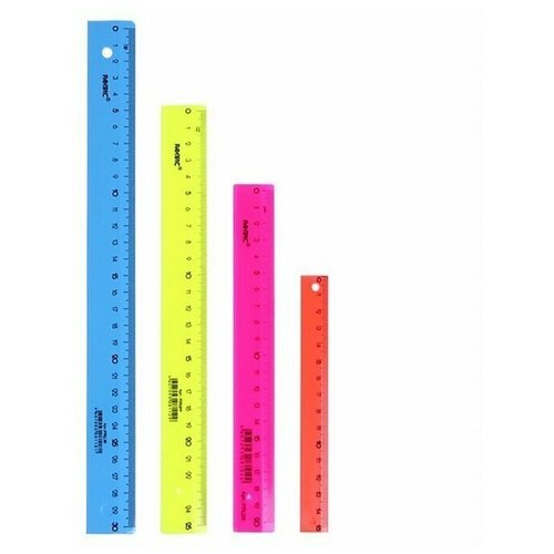 Набор 4 линейки Calligrata Neon, 15, 20, 25 и 30 см, непрозрачная, европодвес, цвет - микс, 2 набора