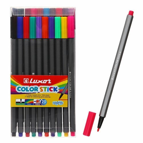 Фломастеры 20 цветов Luxor Color Stick', смываемые, ПВХ, с европодвесом