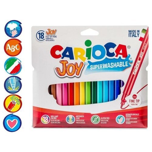 Фломастеры 18 цветов Carioca Joy, 2.6 мм, смываемые, увеличенный ресурс, суперяркие, европодвес