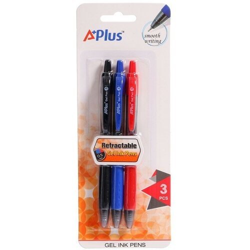 Набор гелевых цветных автоматических ручек 0,5 мм BEIFA 'Студент', пластиковый корпус, 3 цвета: синий, черный, красный, с европодвесом