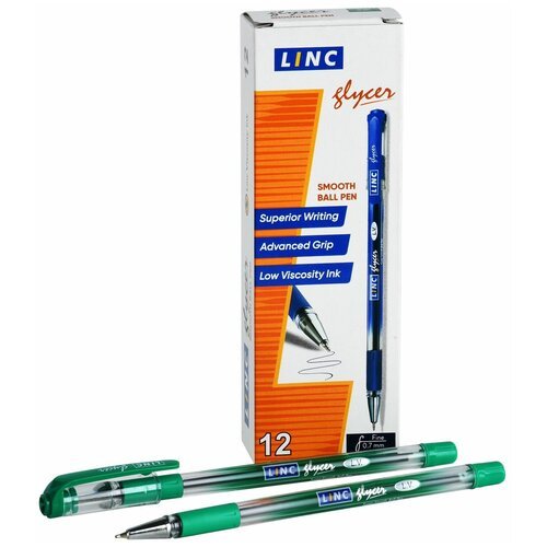 Ручка шариковая LINC Glycer 0,7 мм зеленая резиновый грип (упаковка 12шт)