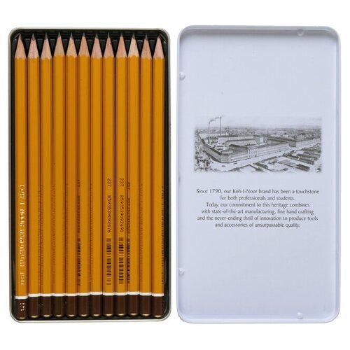 Набор карандашей чернографитных разной твердости 12 штук Koh-I-Noor 1500, HB-10H, в металлическом пенале