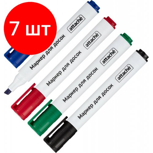 Комплект 7 наб, Набор маркеров для белых досок Attache Accent 4 цвета, со скош након, 1-5мм