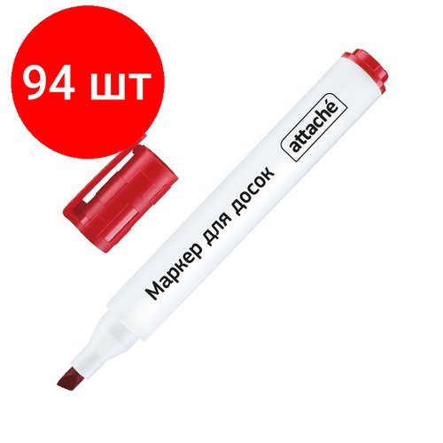 Комплект 94 штук, Маркер для белых досок Attache красный, со скошен ным наконечником, 1-5мм