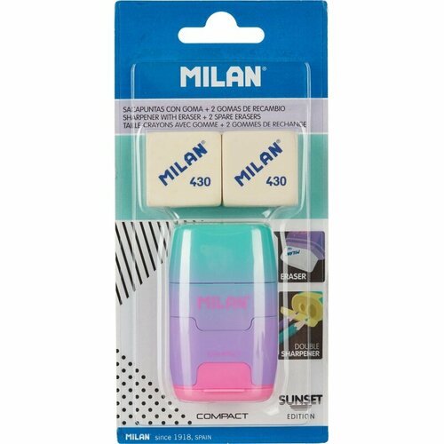 Набор ластик-точилка и 2 сменных ластика Milan Compact (каучуковые, 40х25х67мм) 12 уп. (BYM10451)