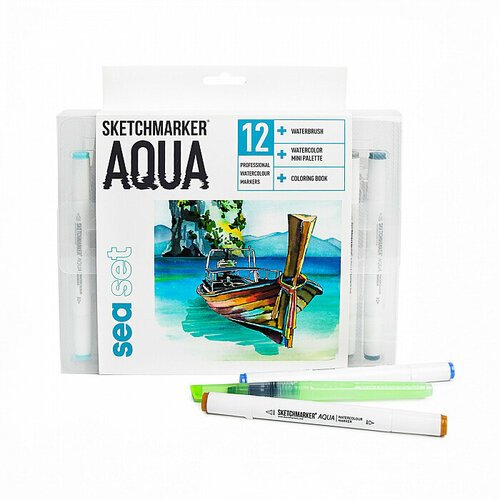 Набор двухсторонних акварельных маркеров Sketchmarker Aqua Sea 12 цветов в пластиковом кейсе-пенале