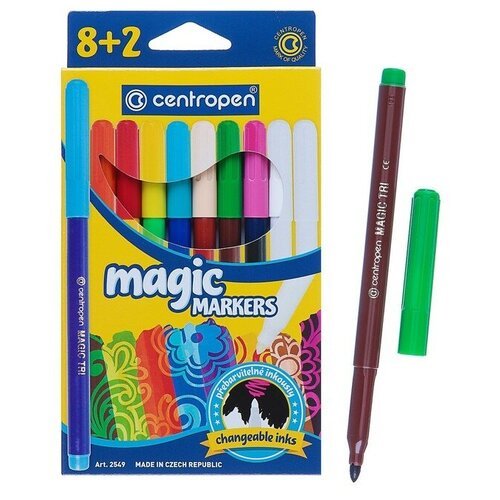 Centropen Фломастеры 10 цветов 3.9 мм Centropen 2549 Magic, линия 1,8 мм, меняют цвет, 8 цветов + 2 поглатителя, картонная упаковка