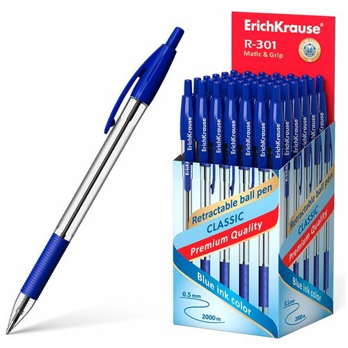 Ручка шариковая автоматическая с грипом ERICH KRAUSE 'R-301 Classic', синяя, 1.0 мм, линия письма 0.5 мм, 46758