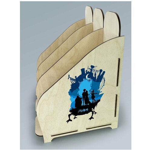 Органайзер лоток, подставка для бумаги, документов деревянная с цветным принтом 3 отделения аниме ходячий замок хаул кальцифер софи - 11
