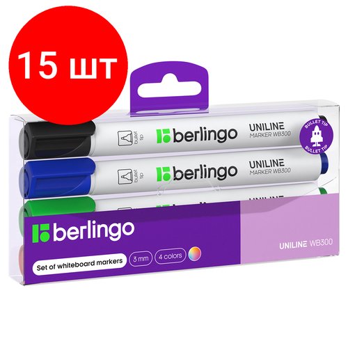 Комплект 15 шт, Набор маркеров для белых досок Berlingo 'Uniline WB300' 04цв, пулевидный, 3мм, PET