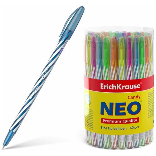 Ручка шариковая масляная ERICH KRAUSE 'Candy', синяя, корпус ассорти, узел 0,5 мм, линия письма 0,26 мм, 47550 Комплект - 60 шт.