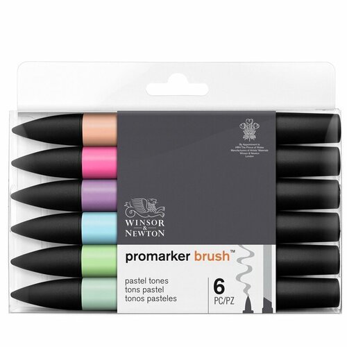 Набор маркеров-кистей худож двухсторонние Winsor&Newton 'PromarkerBrush', спиртовые, скошенный/кисть, 6 цв, пастельные оттенки (2)