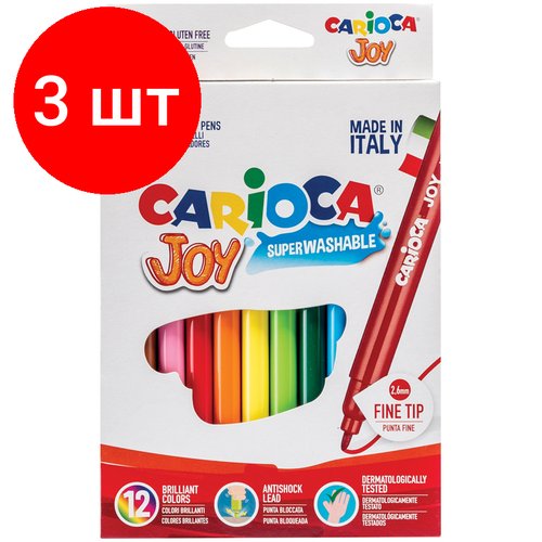 Комплект 3 шт, Фломастеры Carioca 'Joy', 12цв, смываемые, картон, европодвес