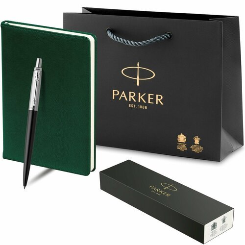 Набор Parker шариковая ручка Parker Jotter Black ST, корпус из стали и черного покрытия, ежедневник зеленый классический, фирменный пакет и чехол для ручки