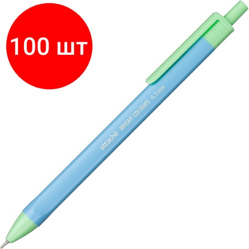 Комплект 100 штук, Ручка шариковая автомат. Attache Bright colours г/зел к,0.5, масл, син