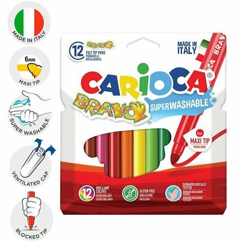 Фломастеры 12 цветов Carioca Bravo, 4.0 мм, утолщенные, смываемые, увеличенный ресурс, суперяркие, картон. европодвес (комплект из 3 шт)